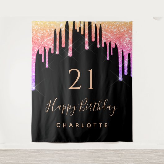 21歳の誕生日ブラックレインボーグリッターピンクパープル タペストリー (正面)