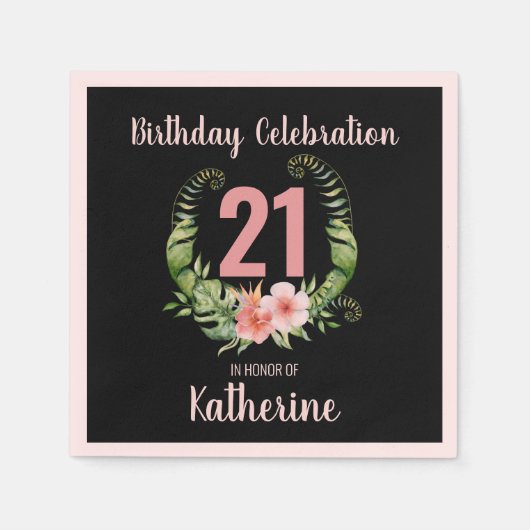 21歳の誕生日ブラック赤面ピンクフローラ名 スタンダードカクテルナプキン (正面)
