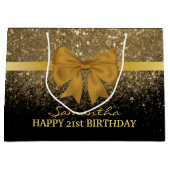 21歳の誕生日ブラック金ゴールドグリッタースパークル ラージペーパーバッグ (正面)