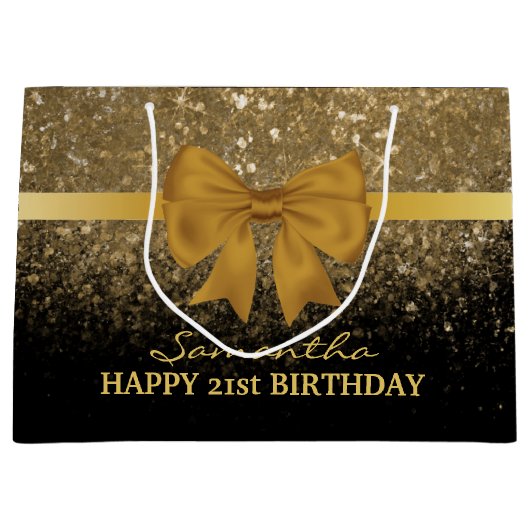 21歳の誕生日ブラック金ゴールドグリッタースパークル ラージペーパーバッグ (正面)