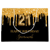 21歳の誕生日ブラック金ゴールドグリッタードライブ名 ラージペーパーバッグ (正面)