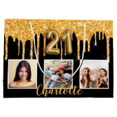21歳の誕生日ブラック金ゴールドグリッタードリップフォト ラージペーパーバッグ (裏面)