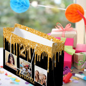 21歳の誕生日ブラック金ゴールドグリッタードリップフォト ラージペーパーバッグ
