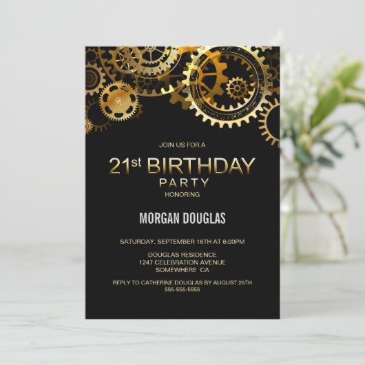 21歳の誕生日ブラック金ゴールドスチームパンクウォッチギア 招待状 (スタンド正面)