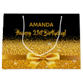 21歳の誕生日ブラック金ゴールドボウ ラージペーパーバッグ (正面)