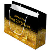21歳の誕生日ブラック金ゴールドボウ ラージペーパーバッグ (正面アングル)