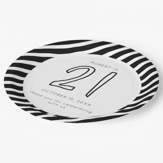 21歳の誕生日ブラック&ホワイトストライプズシンプルモダン ペーパープレート (アングル)