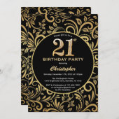 21歳の誕生日ブラック&金ゴールドフローラルパターン 招待状 (正面/裏面)