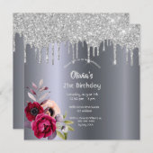 21歳の誕生日ブルゴーニュ花模様シルバーグリッタードリップ 招待状 (正面/裏面)
