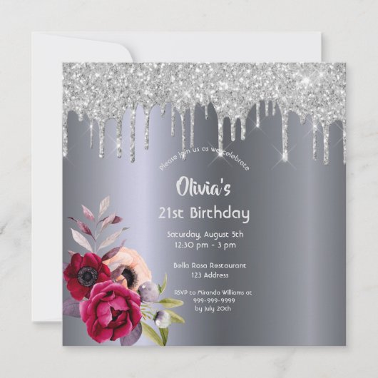 21歳の誕生日ブルゴーニュ花模様シルバーグリッタードリップ 招待状 (正面)