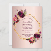 21歳の誕生日ブルゴーニュ花模様バラ金ゴールド幾何学的 招待状 (正面)