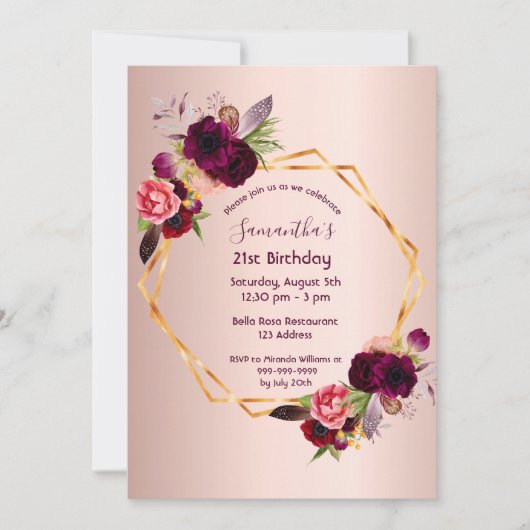 21歳の誕生日ブルゴーニュ花模様バラ金ゴールド幾何学的 招待状 (正面)