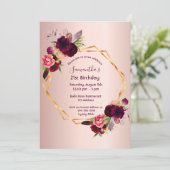 21歳の誕生日ブルゴーニュ花模様バラ金ゴールド幾何学的 招待状 (スタンド正面)