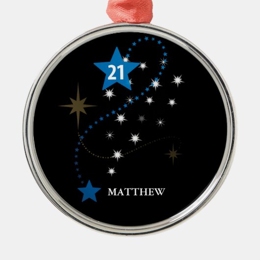 21歳の誕生日ブルーとブラックパーソナライズされた メタルオーナメント (正面)