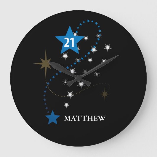 21歳の誕生日ブルーとブラックパーソナライズされた ラージ壁時計 (正面)