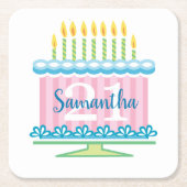 21歳の誕生日ブルーピンクケーキ スクエアペーパーコースター (正面)