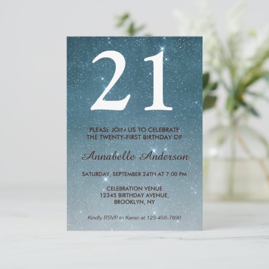 21歳の誕生日ブルーミッドナイトナイトスカイスタースパークル 招待状 (スタンド正面)