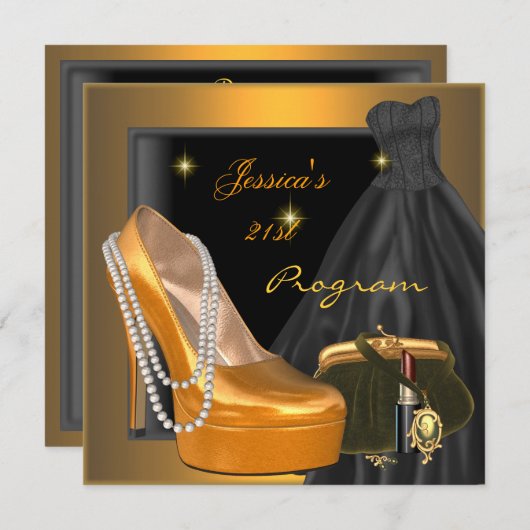 21歳の誕生日プログラムシューズ金ゴールドオレンジブラック 招待状 (正面/裏面)