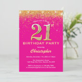 21歳の誕生日ホットピンクと金ゴールドグリッター紙吹雪 招待状 (スタンド正面)