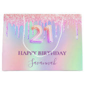 21歳の誕生日ホログラフィックピンクパープルドリップ ラージペーパーバッグ (正面)