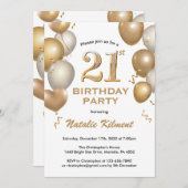 21歳の誕生日ホワイトバルーンと金ゴールドグリッターバルーン 招待状 (正面/裏面)