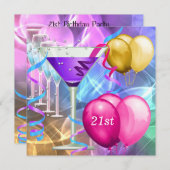 21歳の誕生日ホワイトピンクパープルマルチニバルーン 招待状 (正面/裏面)