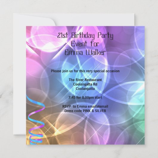 21歳の誕生日ホワイトピンクパープルマルチニバルーン 招待状 (裏面)