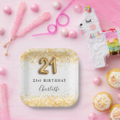 21歳の誕生日ホワイト金ゴールドグリッター名 ペーパープレート (パーティー)