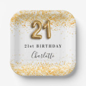 21歳の誕生日ホワイト金ゴールドグリッター名 ペーパープレート (正面)