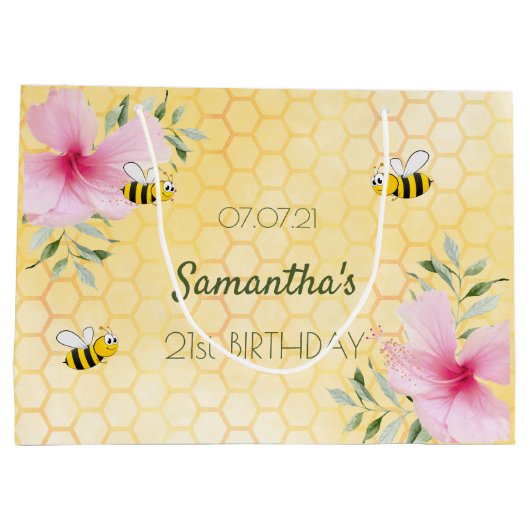 21歳の誕生日ミツバチのハニカムピンクの花模様 ラージペーパーバッグ (裏面)