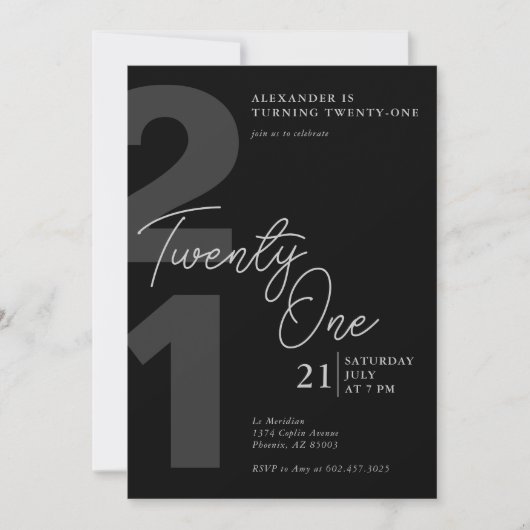 21歳の誕生日ミニマルモダンリストブラックグレー 招待状 (正面)