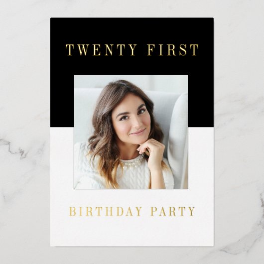 21歳の誕生日モダンなミニマル写真 箔招待状 (正面)