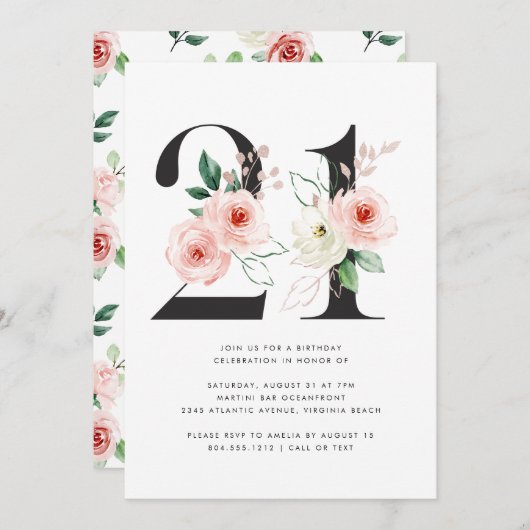 21歳の誕生日モダンフローラバラ金ゴールド緑 招待状 (正面/裏面)