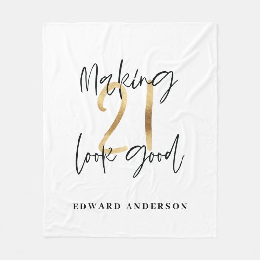 21歳の誕生日モダンブラック&金ゴールドスタイリッシュ フリースブランケット (正面)