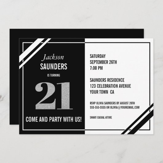 21歳の誕生日モダン白黒パーティー 招待状 (正面/裏面)