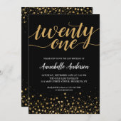 21歳の誕生日モダン黒金ゴールド紙吹雪スクリプト 招待状 (正面/裏面)