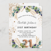 21歳の誕生日ユーカリの緑のグリッター エレガント 招待状 (正面/裏面)