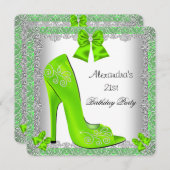 21歳の誕生日ライムハイヒールシューシルバーレース 招待状 (正面/裏面)