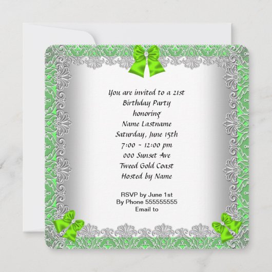 21歳の誕生日ライムハイヒールシューシルバーレース 招待状 (裏面)