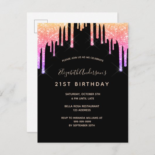 21歳の誕生日レインボーグリッターブラック招待状 ポストカード (正面/裏面)
