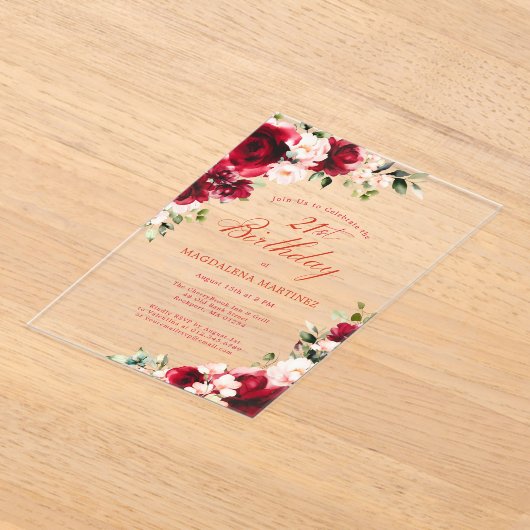 21歳の誕生日レッドローズピンク牡丹フローラ アクリル招待状 (レイダウン)