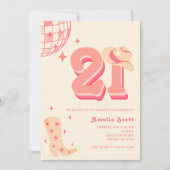 21歳の誕生日レトロディスコ女性のカーボーイフォトピーチピンク 招待状 (正面)