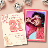 21歳の誕生日レトロディスコ女性のカーボーイフォトピーチピンク 招待状