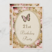 21歳の誕生日ヴィンテージバラバタフライ、音楽ノート 招待状 (正面/裏面)