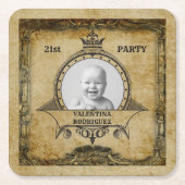 21歳の誕生日ヴィンテージレトロモノグラムフォトアンティーク スクエアペーパーコースター (正面)