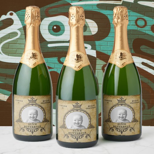 21歳の誕生日ヴィンテージレトロモノグラム追加フォト スパークリングワインラベル