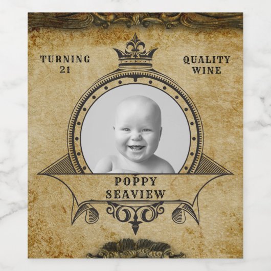 21歳の誕生日ヴィンテージレトロモノグラム&写真 ワインラベル (シングルラベル)