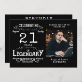 21歳の誕生日写真テンプレートレジェンドブラックヴィンテージ 招待状 (正面/裏面)