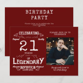 21歳の誕生日写真テンプレートレジェンドレッドヴィンテージ 招待状 (正面/裏面)