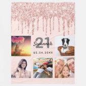 21歳の誕生日写真バラ金ゴールドグリッター赤面ピンク フリースブランケット (正面)